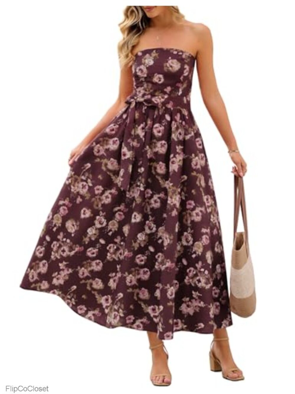 Women's Strapless Floral Maxi Dress Summer Tube Top Sleeveless A-Line with